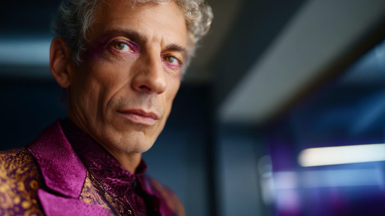 Un ritratto affascinante di un uomo elegante con tratti sorprendenti e un makeup unico, catturato in un ambiente moderno e suggestivo, che mette in mostra eleganza e individualità.