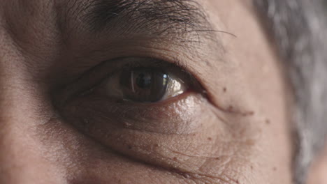 close up of indian man brown eye blinking looking at camera staring