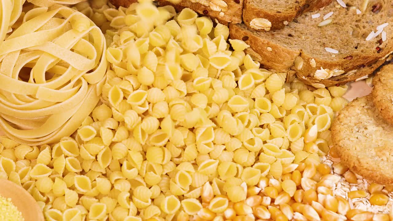 A close-up view of various grains and pasta under warm lighting, highlighting textures and colors