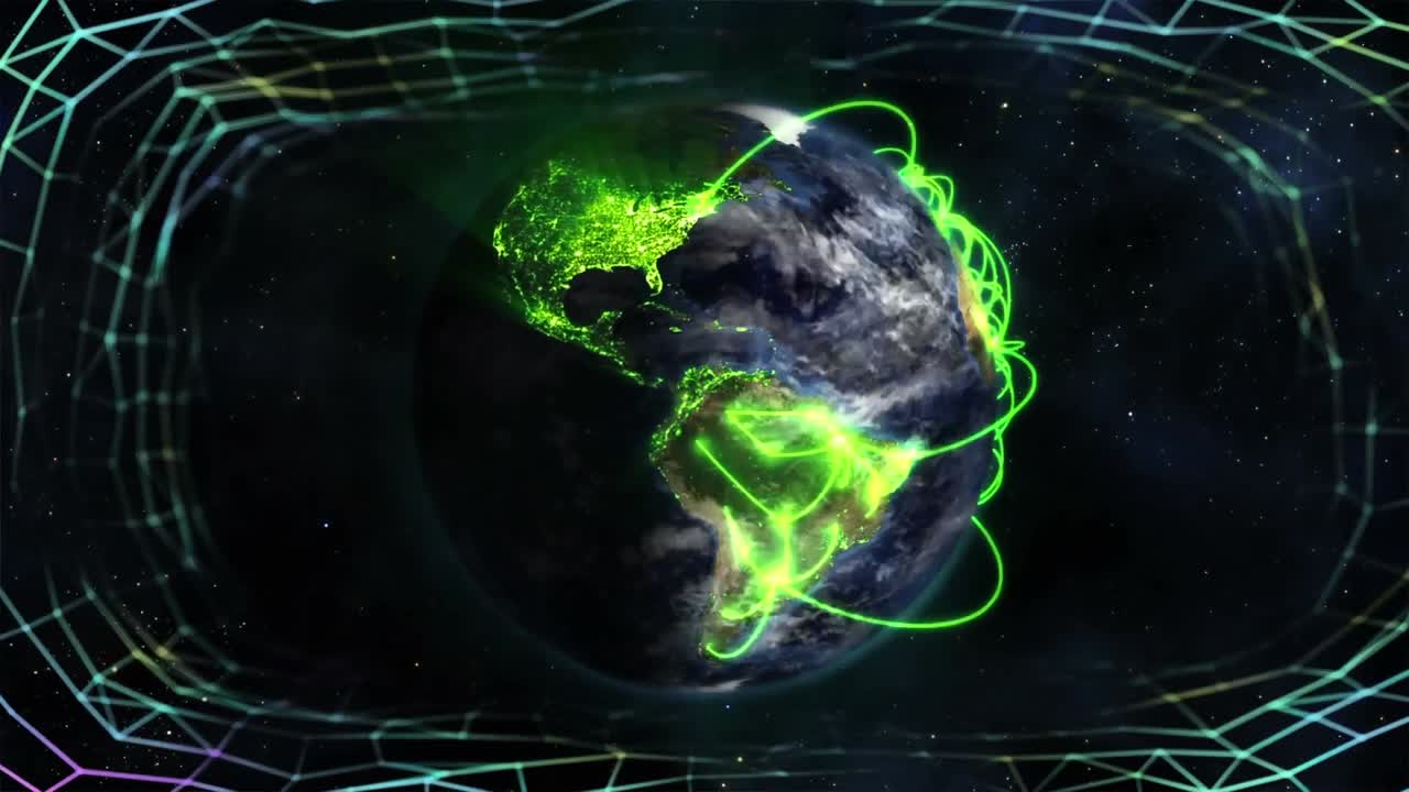 formas geométricas que se mueven contra el rastro de luz brillante en el globo
