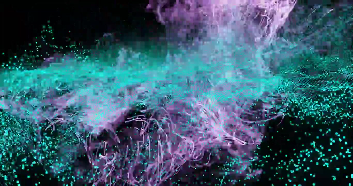 Filaments lavande émergeant en haut à droite, tombant dans un nuage sarcelle, formant des vortex montrant le mouvement.