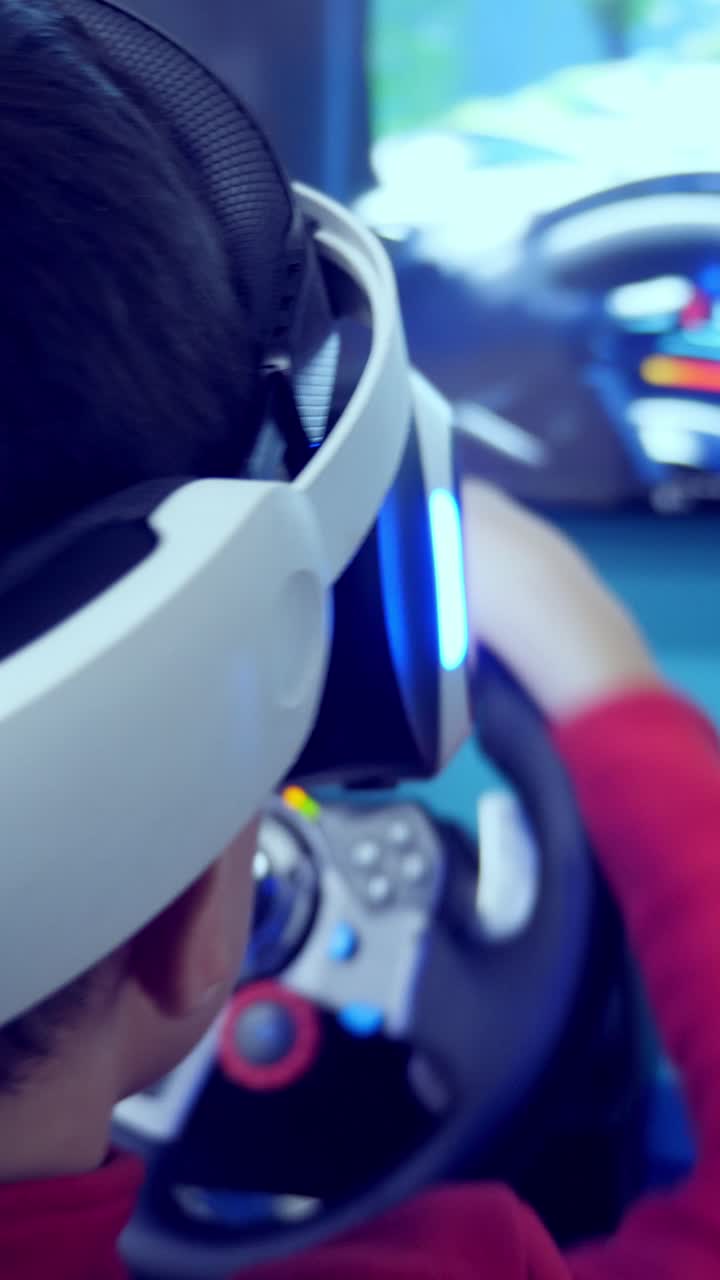 Young gamer wearing virtual reality headset is immersed in an interactive racing game experience, showcasing advanced technology and engaging gameplay
