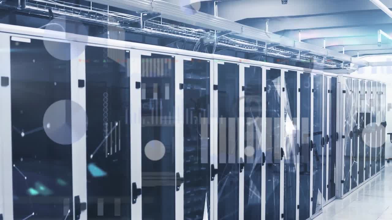 Animation of connections and data processing over tech room with computer servers