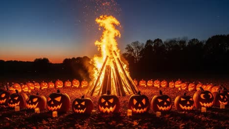 a spooky halloween celebration: a circle of ghoulish jack-o'-lanterns surrounding a fiery bonfire at dusk