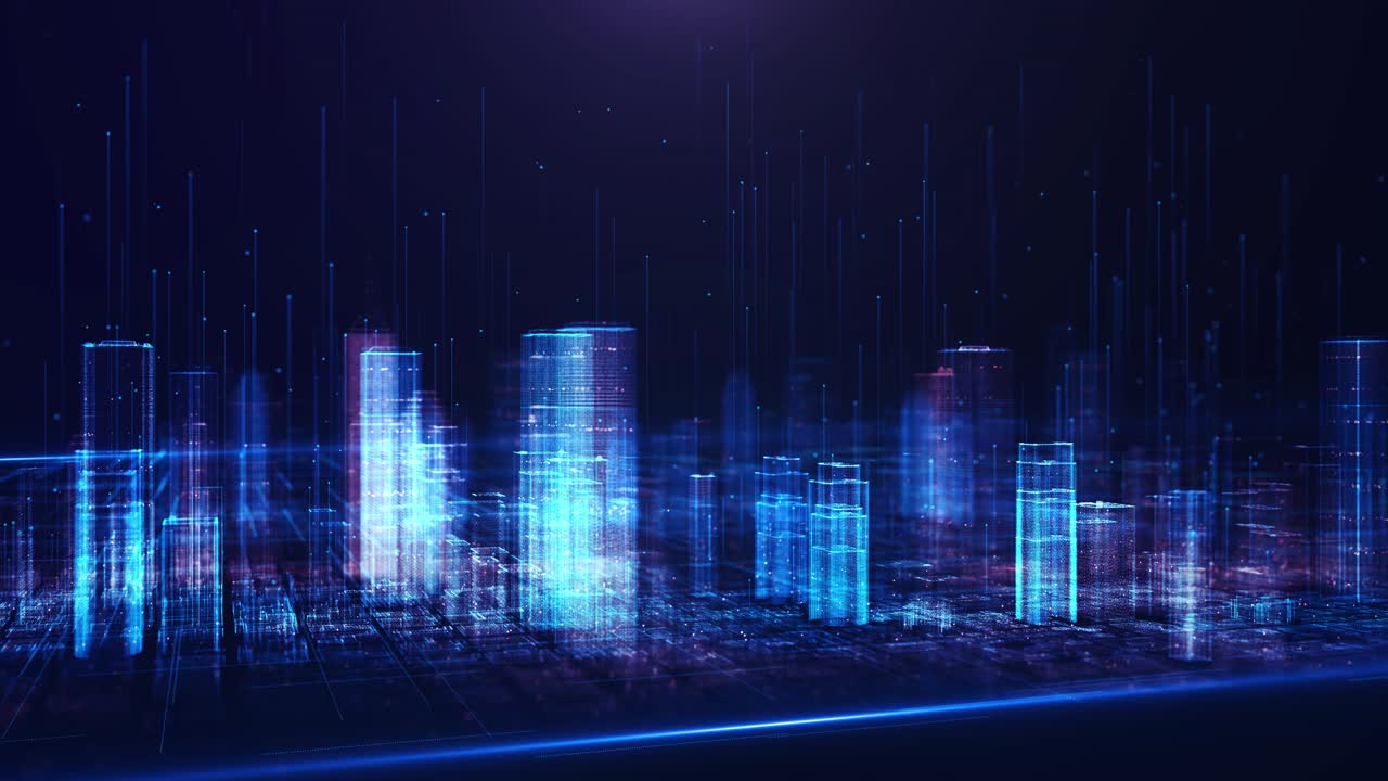 Business cyber technology city holographic futuristic skyline streams of digital data background
