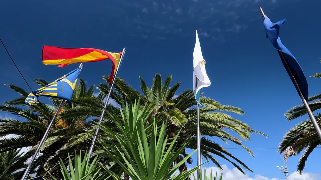 Bendera Eropa, Spanyol, Galicia, dan Sanxenxo berkibar tinggi di tiang logam tertiup angin pada hari yang cerah di depan puncak pohon palem, diambil dari bawah.