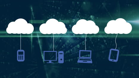 animación de iconos de nubes y procesamiento de datos sobre un fondo oscuro