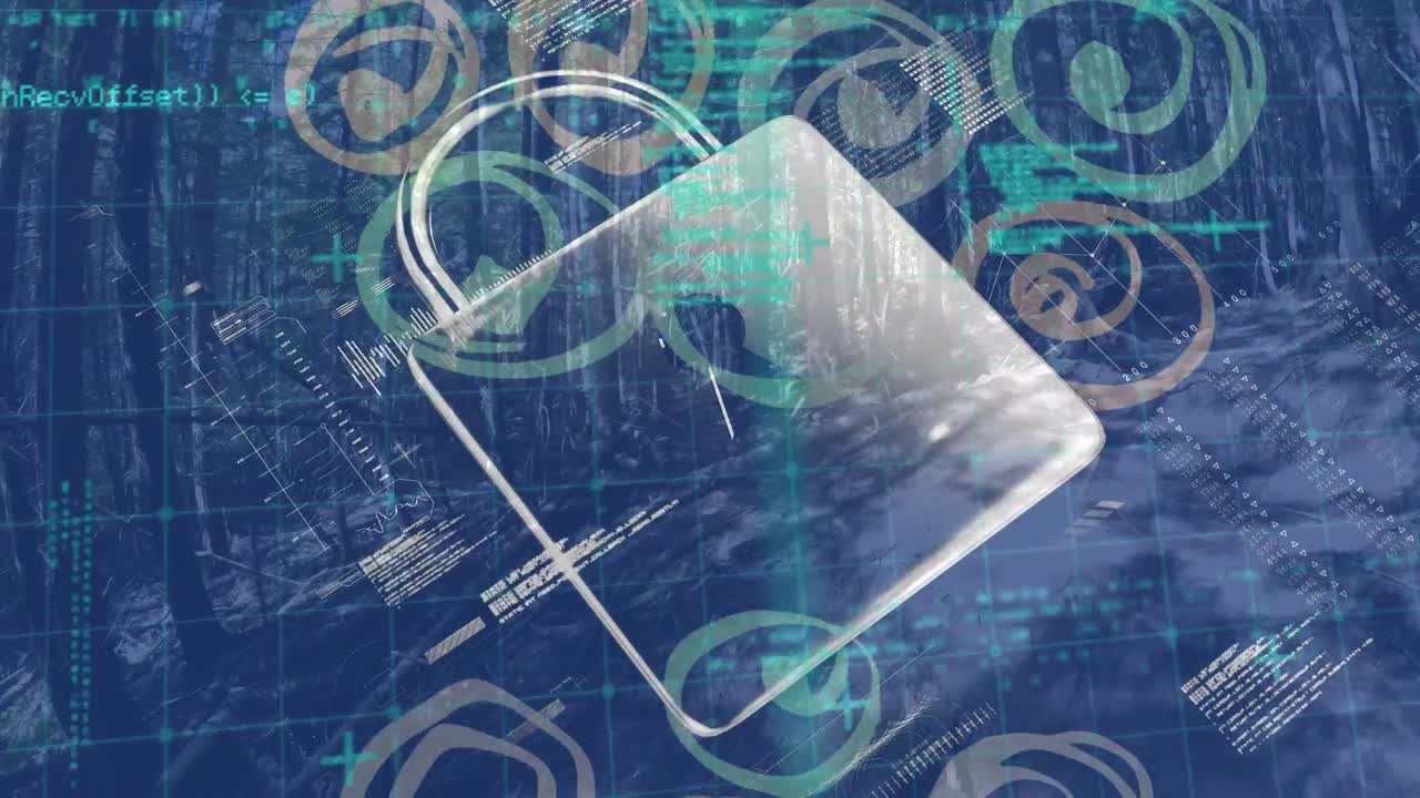 Animation of icons and digital padlock over data processing on blue background