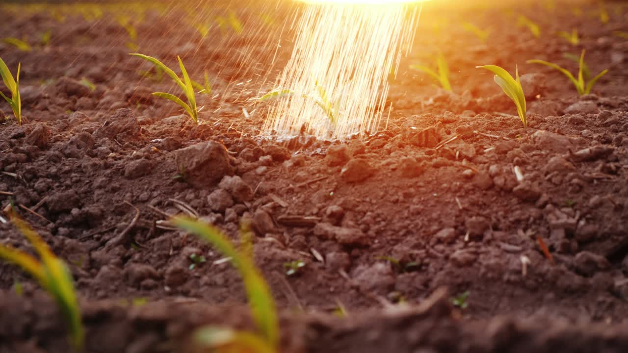 Water jets water young shoots on the field. At sunset with beautiful glare. Irrigation and irrigation in agriculture, organic farming