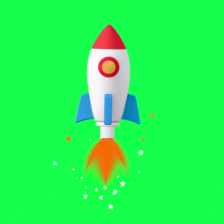 3D Animated Rocket Launching with Smoke and Stars on Green Screen
