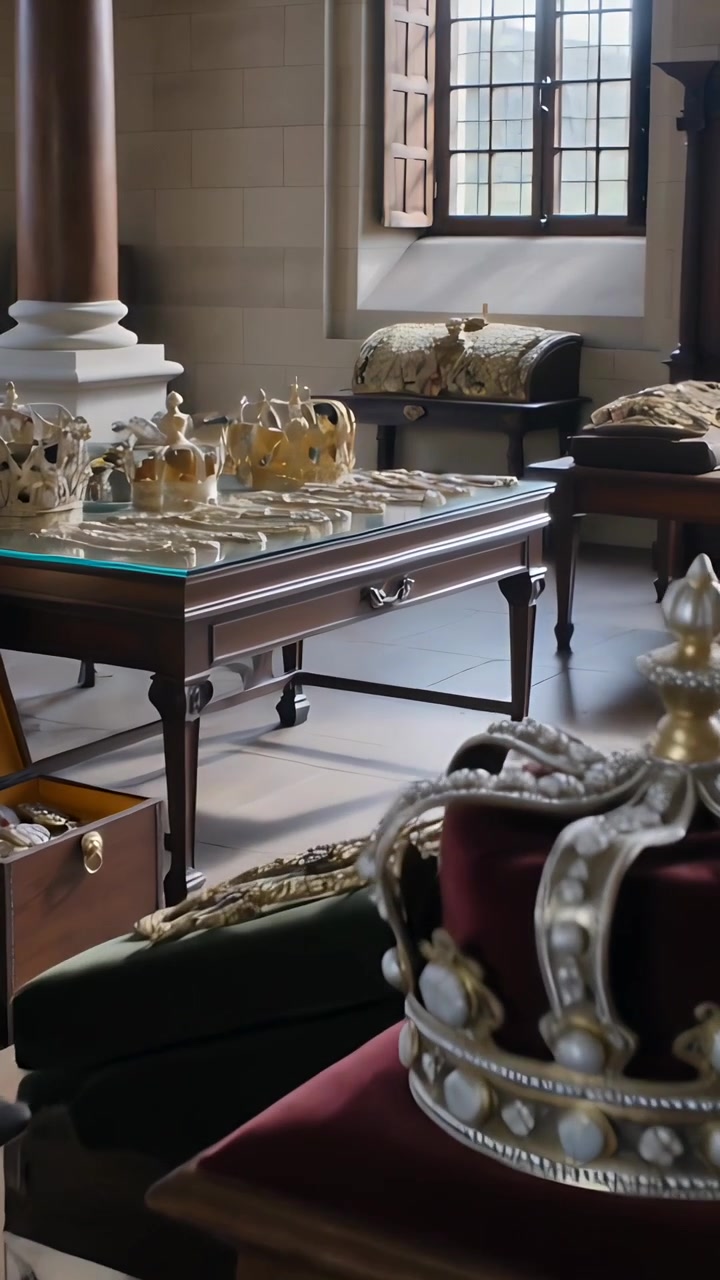 Vertical video: Panning camera revealing ornate crown on red cushion in royal room, filming regalia