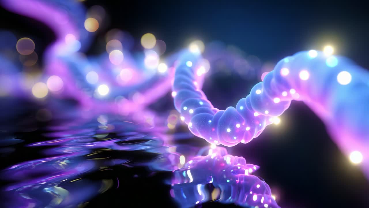 A mesmerizing visual display of undulating, vibrant strands illuminated with soft glowing lights, reflecting beautifully on a dark surface, creating an enchanting atmosphere of ethereal beauty and tranquility