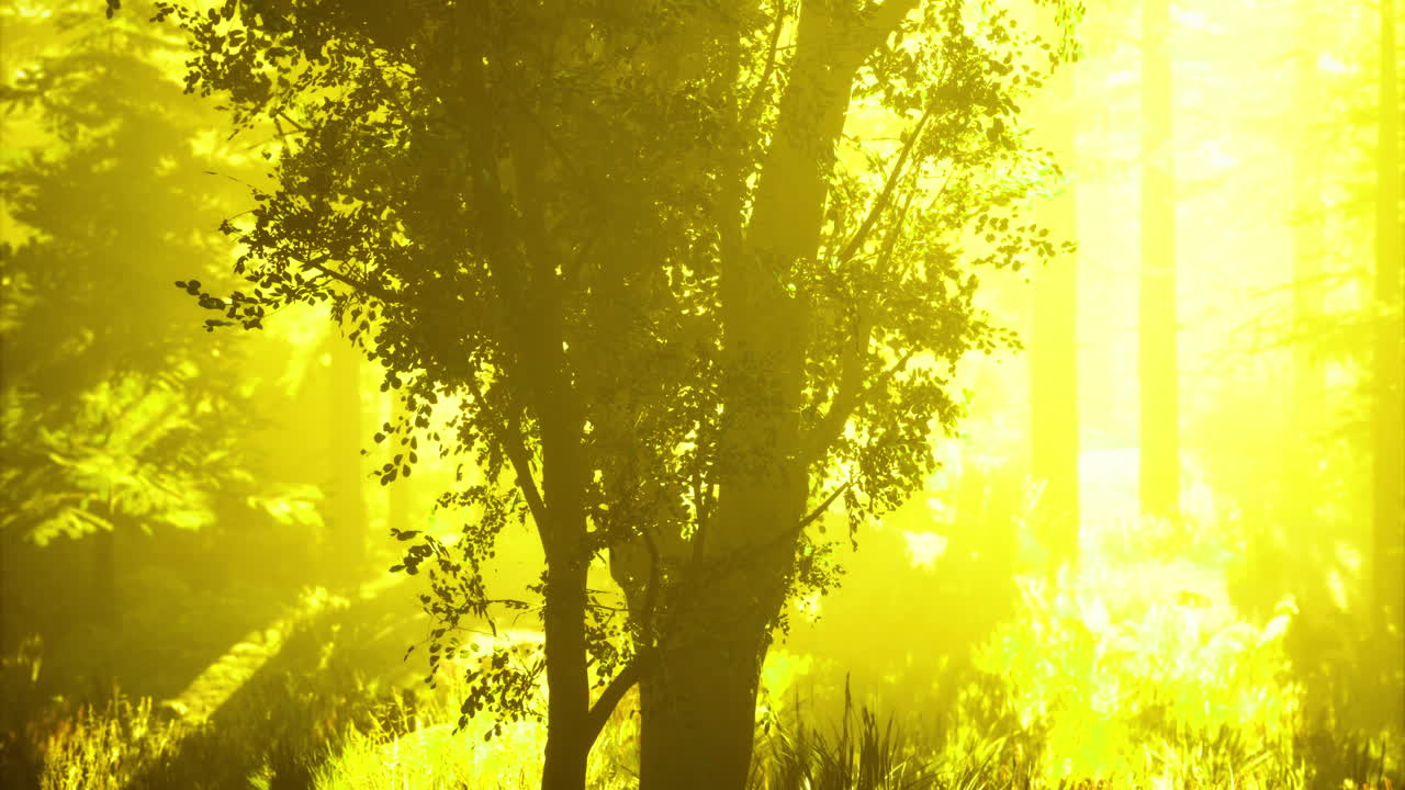 Sunlight filtering through trees in a vibrant forest during golden hour