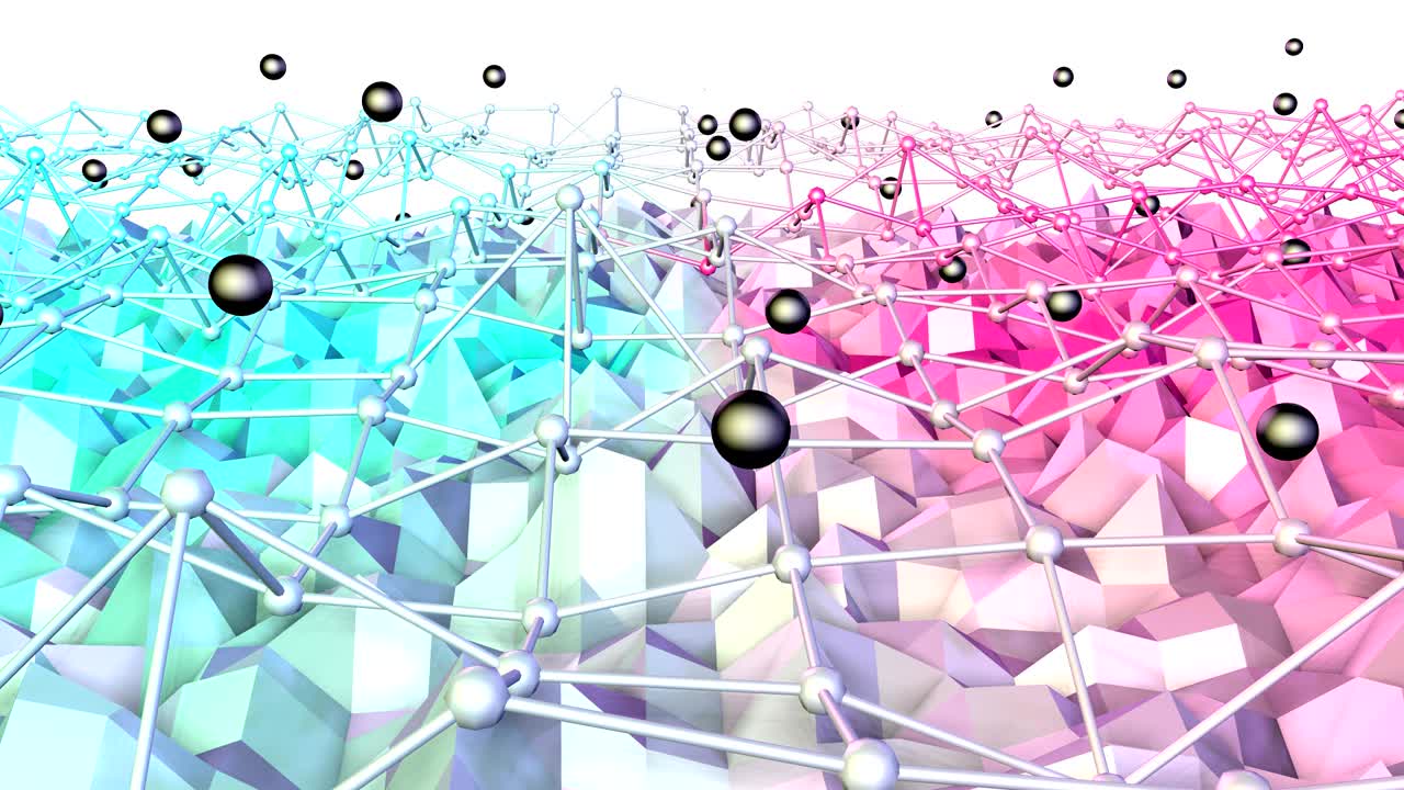 플라잉 그리드 (flying grid) 또는 메쉬 (mesh) 와 검은 구 (black spheres) 를 웅장한 배경으로 가진 낮은 폴리 3d 표면, 순수한 파란색, 분홍색, 빨간색 다각형의 부드러운 기하학 저 폴리 배경, 4k full hd seamless loop 배경.