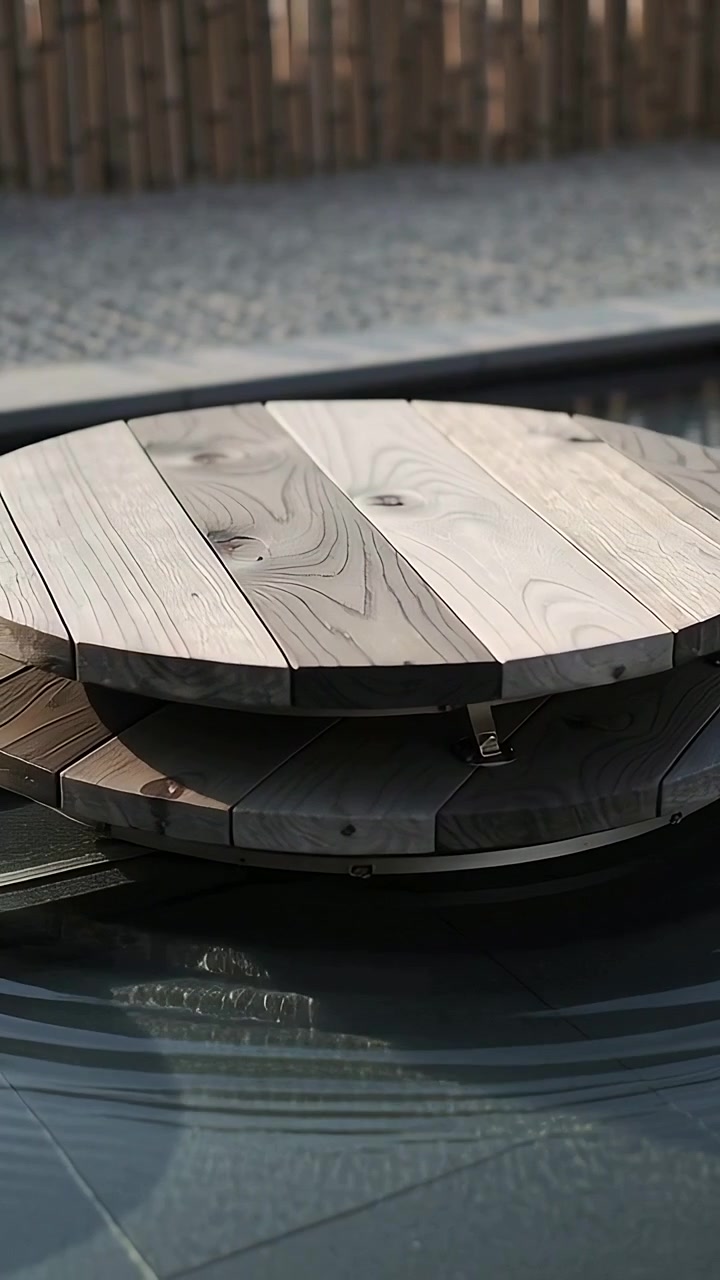 Vertical video: Rotating wooden platform moving by water, showing clips in yard pool making ripples