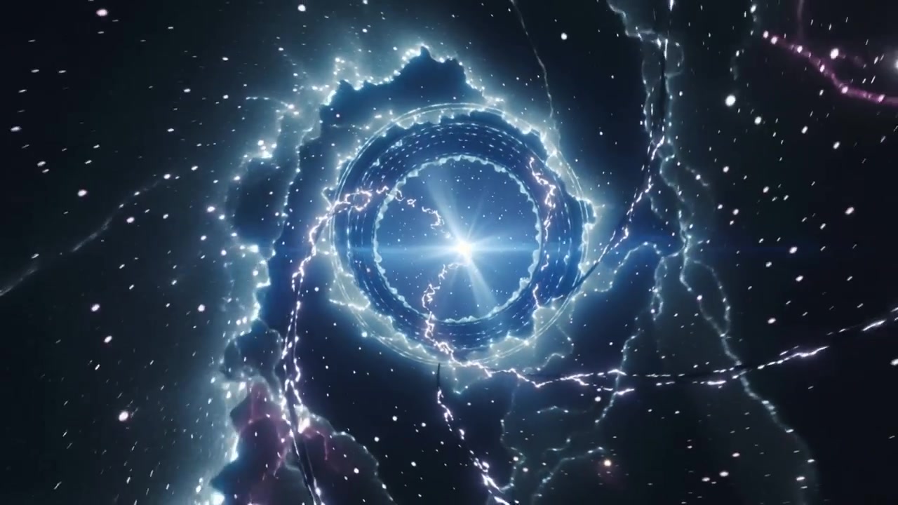 Stella che si illumina, attivando anelli pulsanti nel vuoto cosmico, creando un bagliore dell'obiettivo e archi ramificati.