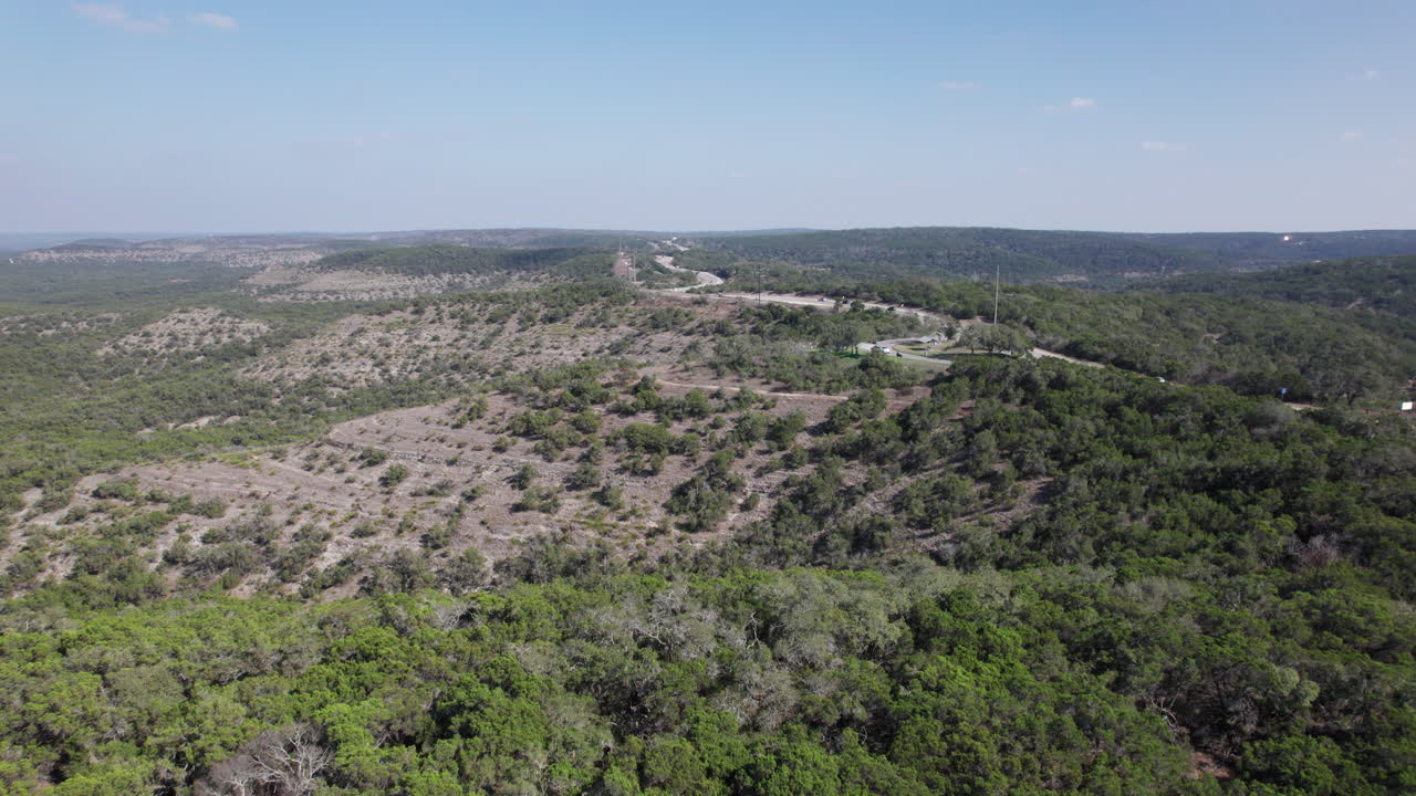 Aerial view of the hill tops along Devil's Backbone in the Texas Hill Country