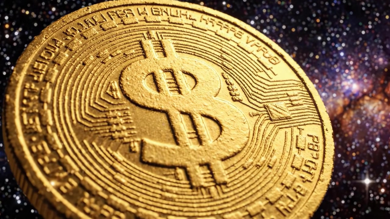 Una Rappresentazione Surreale della Criptovaluta nello Spazio: Una Moneta d'Oro Scintillante Risplende Contro uno Sfondo Cosmico, Simboleggiando la Fusione di Finanza e Tecnologia
