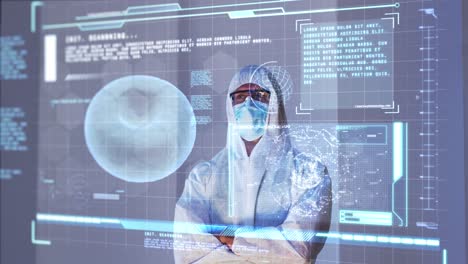 animación de un científico masculino detrás de una pantalla de computadora interactiva con procesamiento de datos médicos
