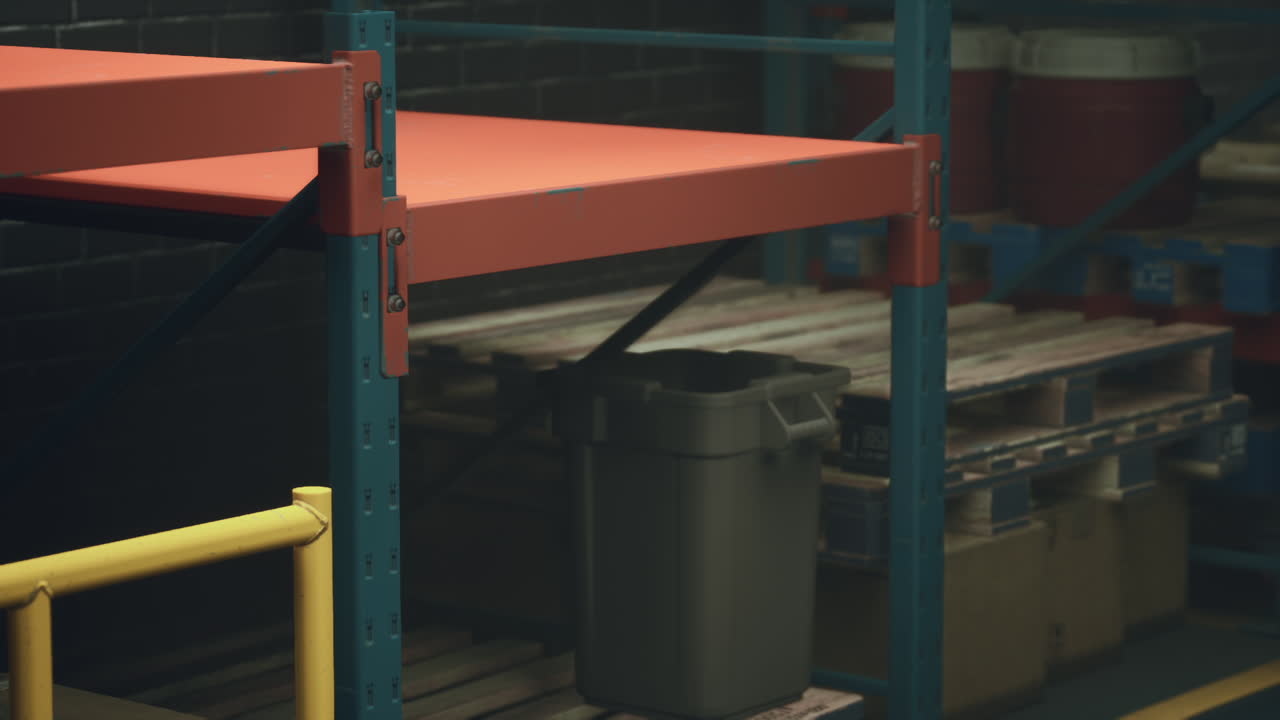 sala de almacenamiento con estantería y contenedor de basura