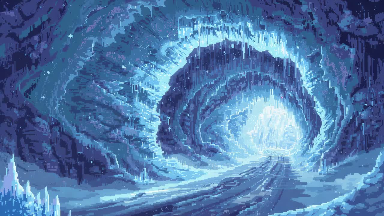 Panning camera revealing arched icy tunnel with ice columns and frozen path, to reveal starry sky