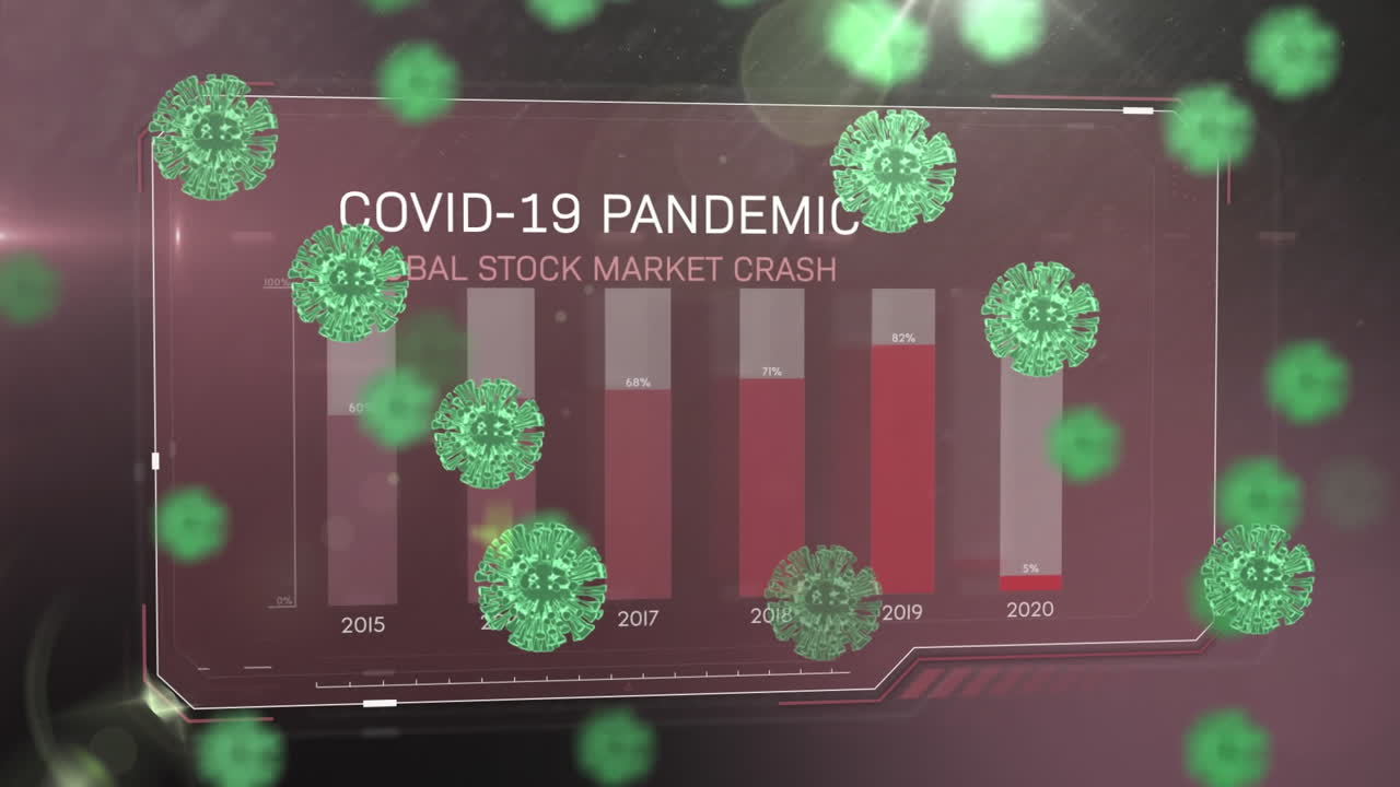 pantalla roja con procesamiento de datos sobre la pandemia de covid-19 y células flotantes