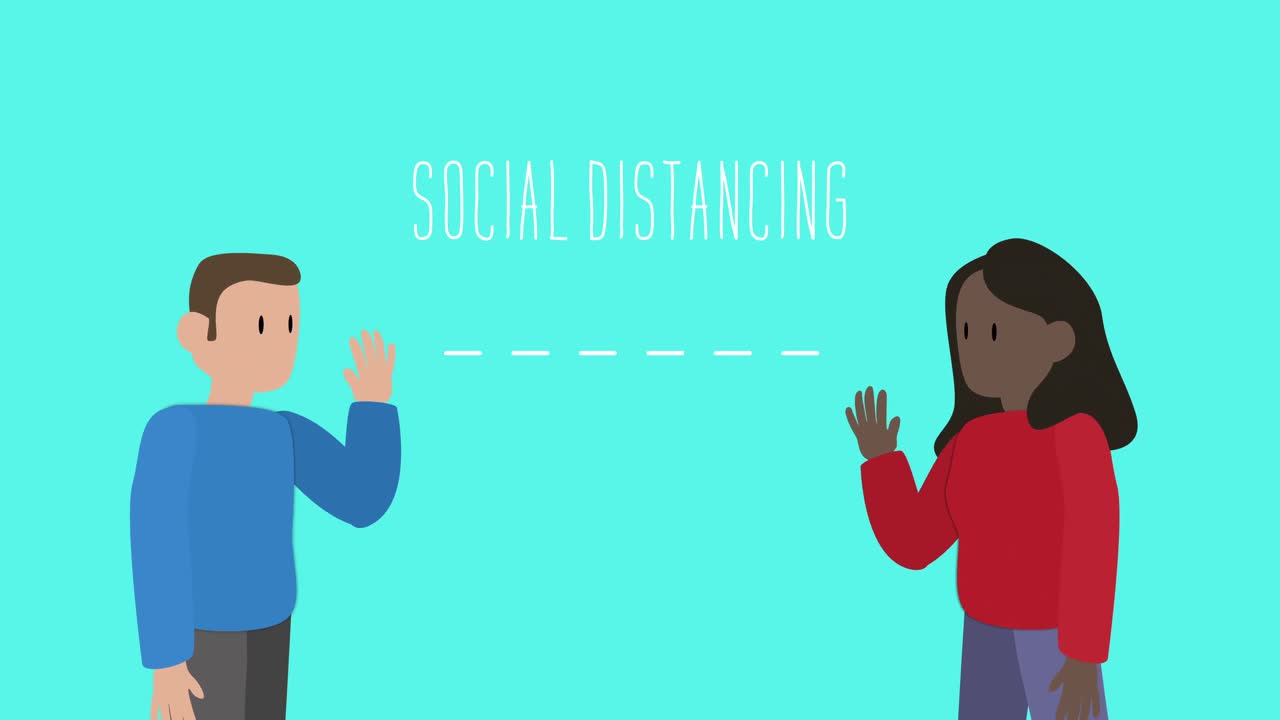 Animation of two people waving at each other with the words Social distancing between them on blue b