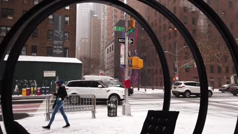 cinematic and slow motion shots filmed in new york city representing everyday lifestyle with a personal feel-first person in 4k. these were filmed around some blocks of the area during a snowstorm.