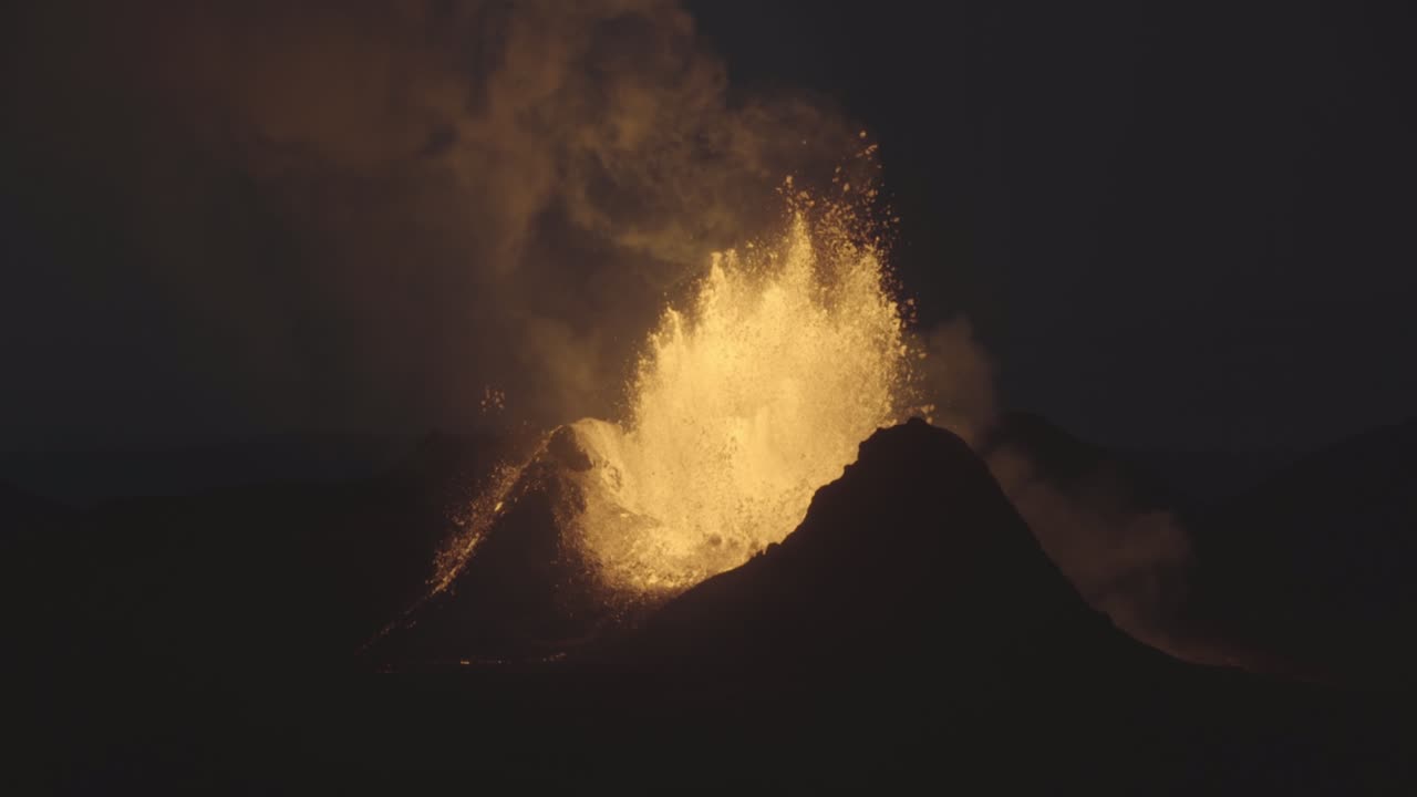 Powerful night eruption from volcano crater Iceland