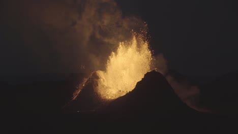 powerful night eruption from volcano crater iceland