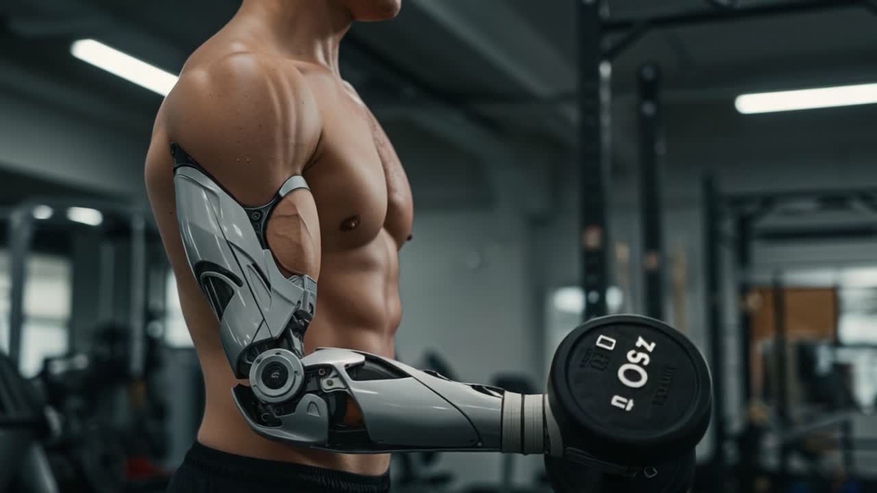 A breakthrough in biomechanics: This muscular individual showcases an advanced prosthetic arm while lifting weights, symbolizing strength and innovation in fitness technology