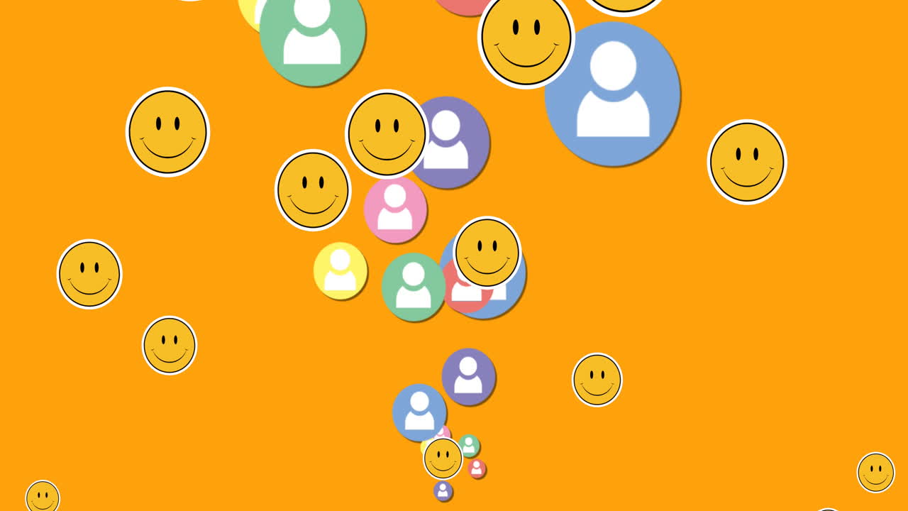 노란색 배경에 떠다니는 여러 얼굴 이모티콘과 프로필 아이콘