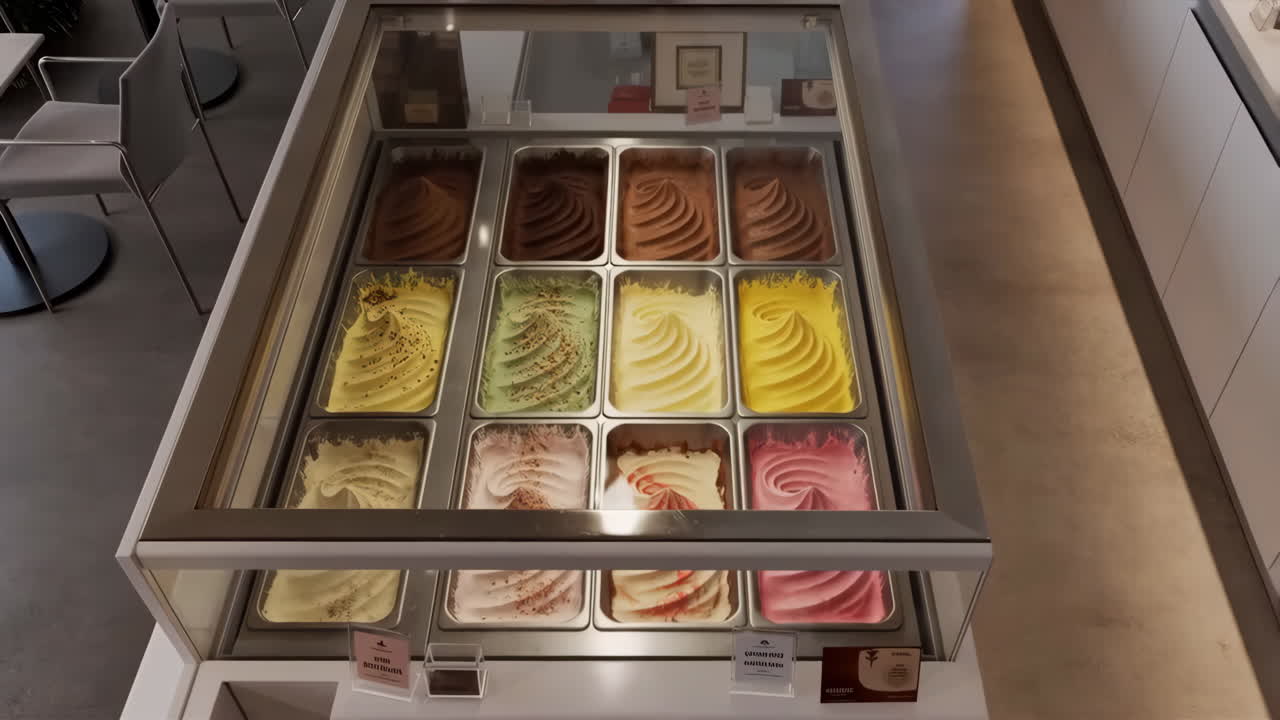 Gelato display case with various flavors