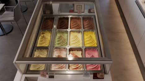 gelato display case with various flavors