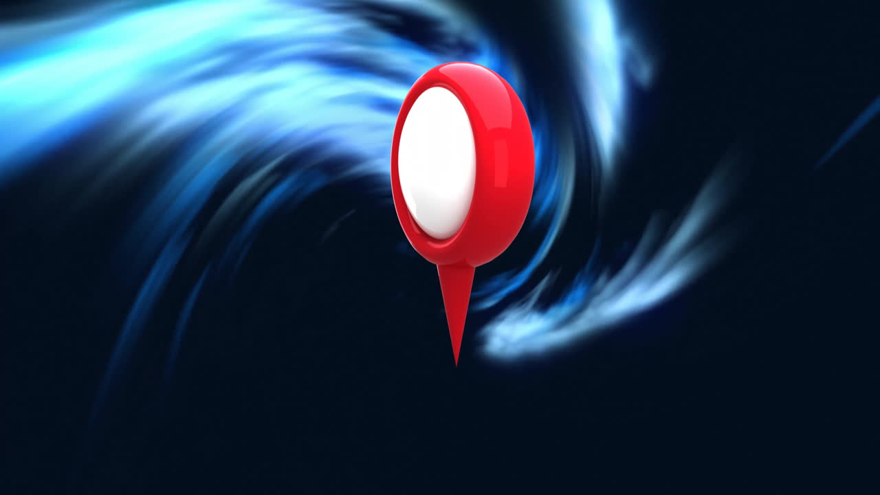 Floating red location pin over swirling blue and black animation background