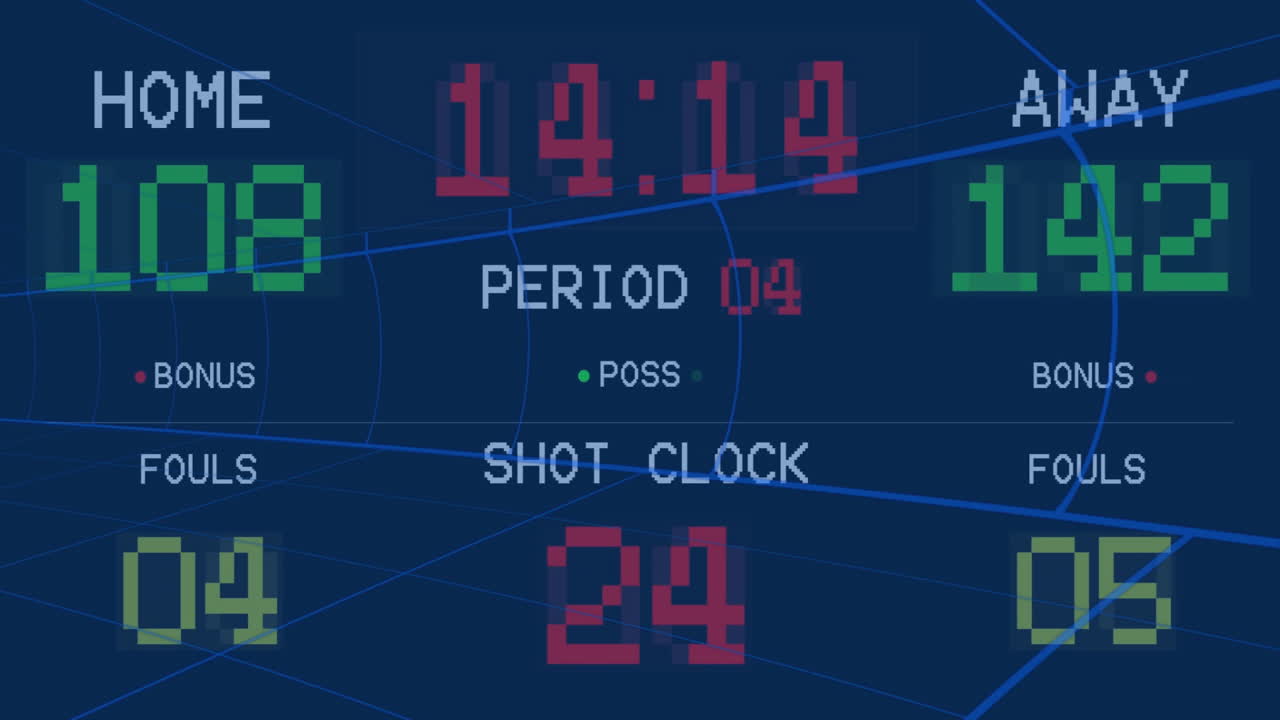 Showing basketball game score, digital scoreboard with period and shot clock countdown