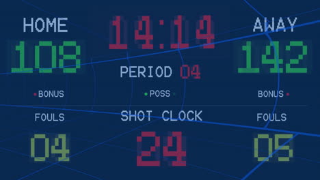 showing basketball game score, digital scoreboard with period and shot clock countdown