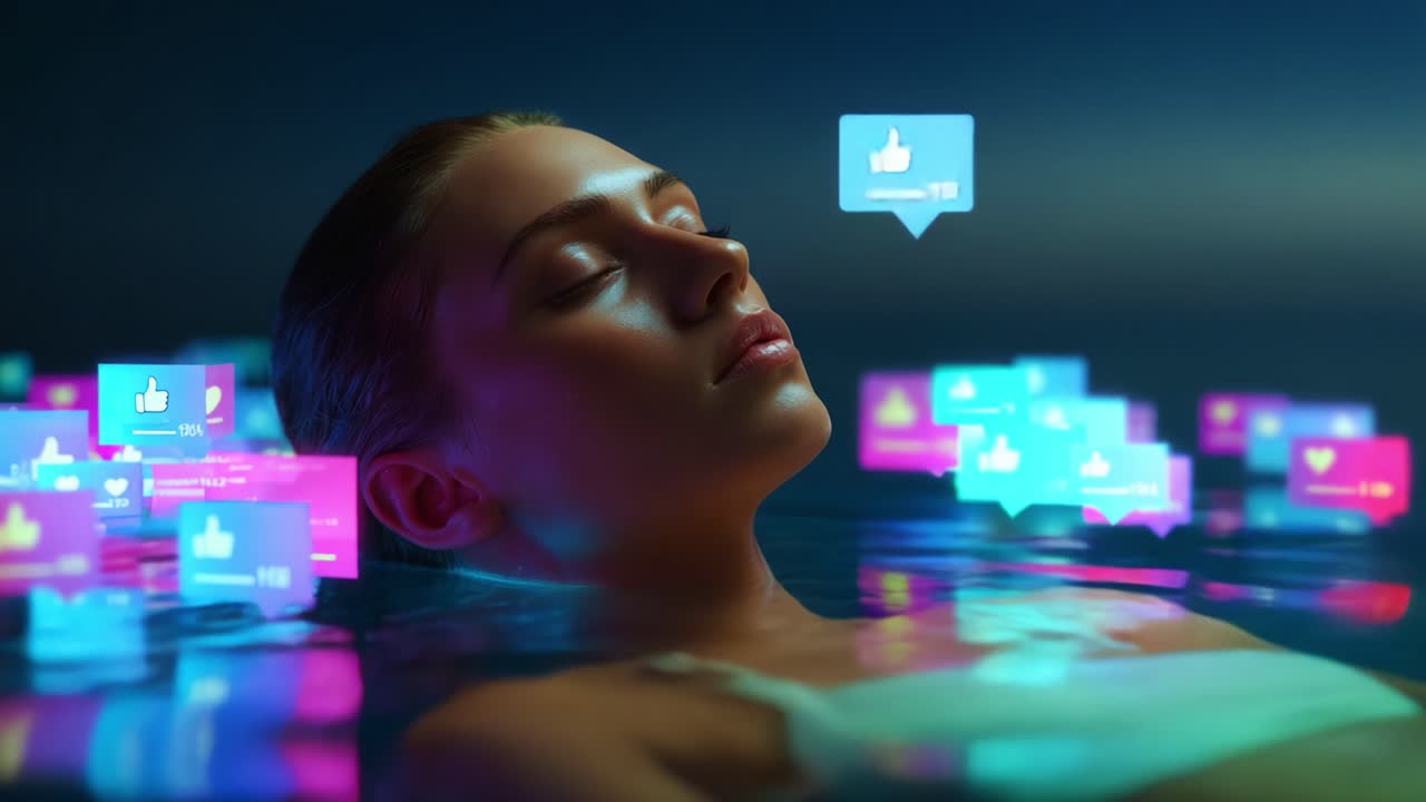 A serene moment captured in a surreal digital landscape, where a woman floats in tranquil water surrounded by vibrant social media notifications, evoking themes of connection and online presence