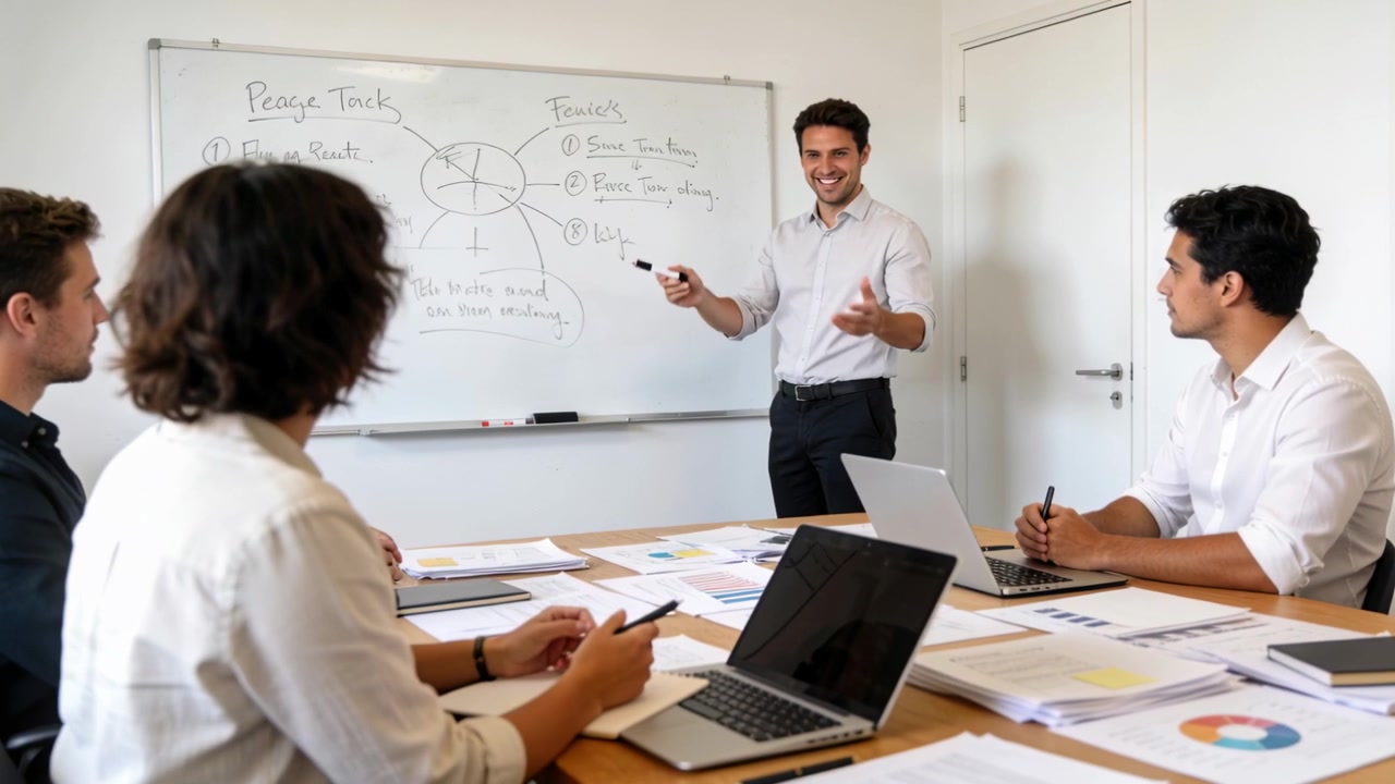 Presentatore in camicia che indica, guida una discussione in sala riunioni con lavagna bianca, pennarello e spazio per il testo