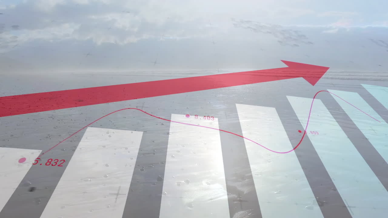 하늘과 풍경에 대한 데이터를 처리하는 빨간 화살표와 그래프의 애니메이션