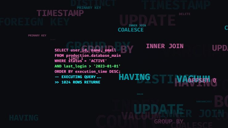 Visualizzazione dell'esecuzione di una query SQL su sfondo scuro