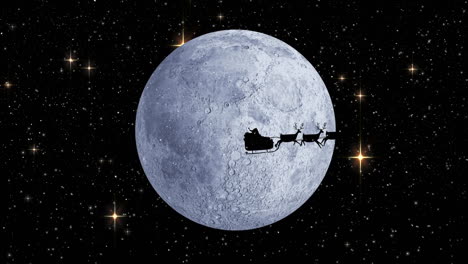 snow falling over santa claus in sleigh being pulled by reindeers against moon and shining stars