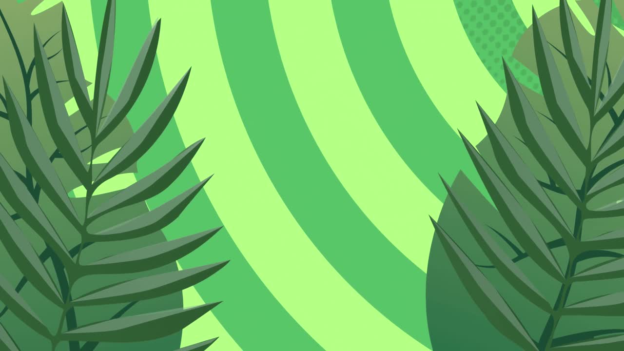 animación de la ilustración de formas exóticas de hojas verdes que se mueven sobre rayas verdes radiales