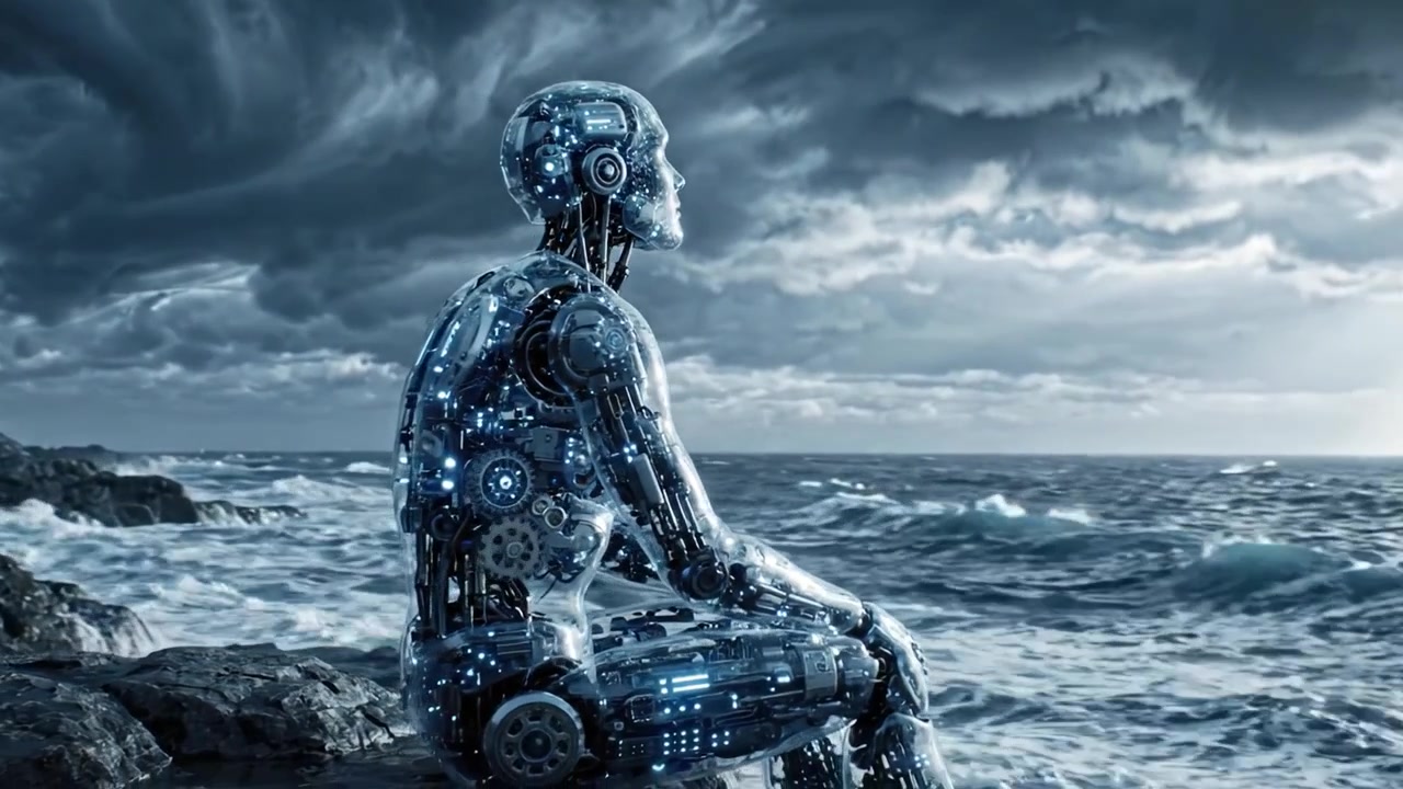 Un robot futurista contempla la vida a la orilla del océano, capturando un momento de reflexión entre cielos tormentosos y olas tumultuosas