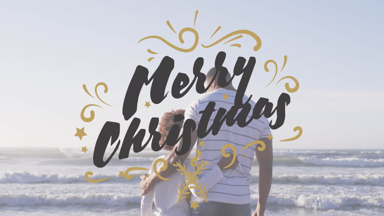 해변에서 아들과 함께 아프리카계 미국인에 대한 크리스마스 축하 문자 애니메이션