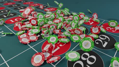 Las-Fichas-Del-Casino-Caen-En-La-Mesa-De-Ruleta,-Los-Juegos-De-Azar-Caen-Y-Ganan-Dinero.