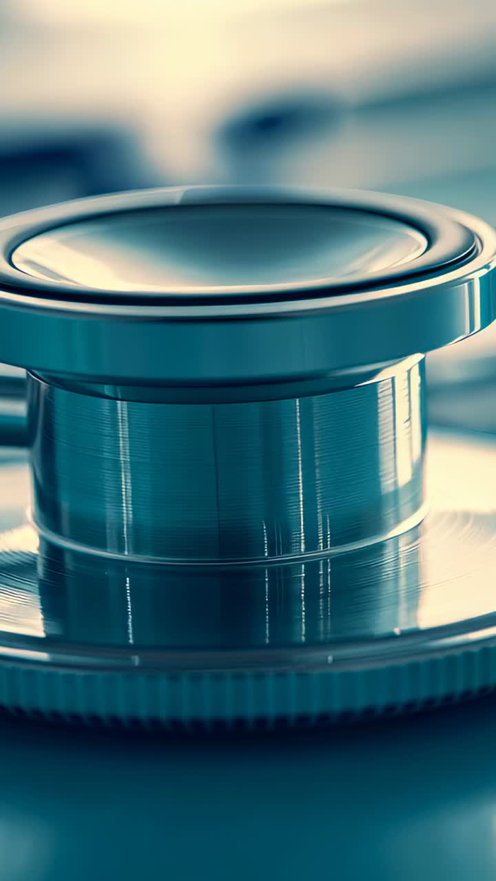 Vertical video: Shifting camera revealing stethoscope chestpiece on table, showing rim for detail