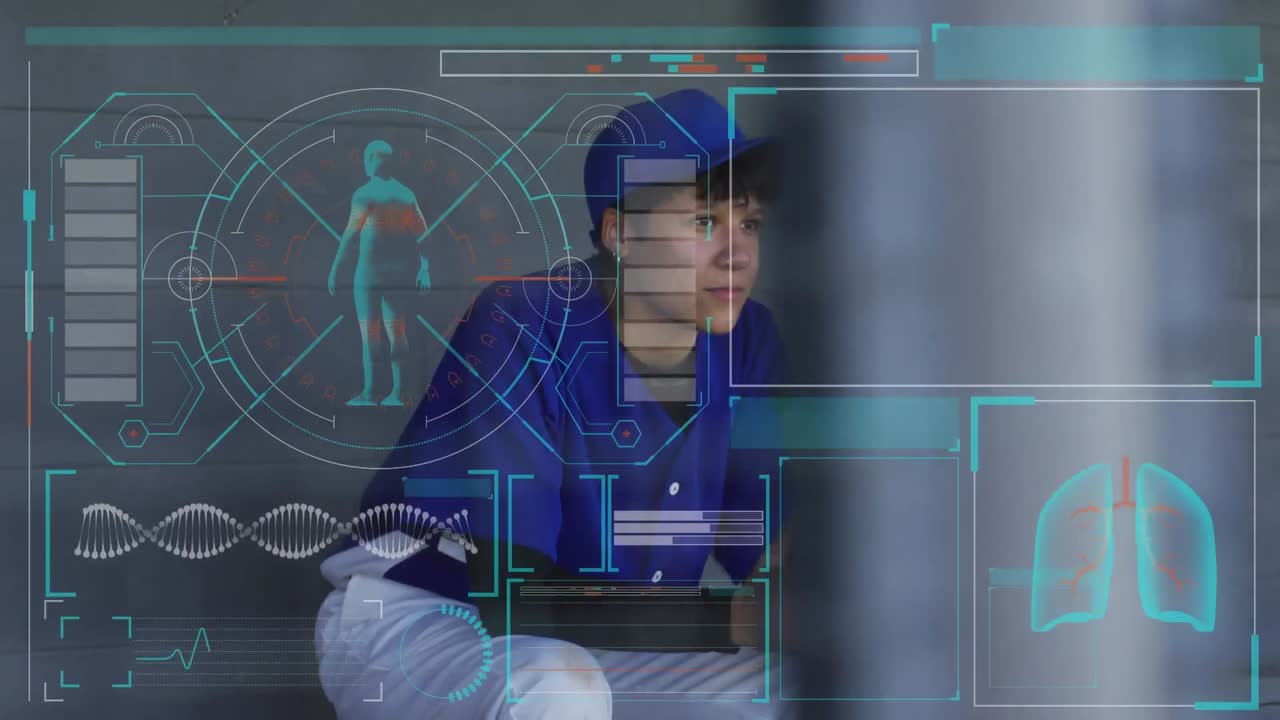 Animation af en digital grænseflade, der behandler medicinske data over en kvindelig baseballspiller, der ser kamp.