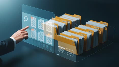 a professional engaging with digital document management, showcasing the transition from physical folders to advanced virtual interfaces for organizing information efficiently