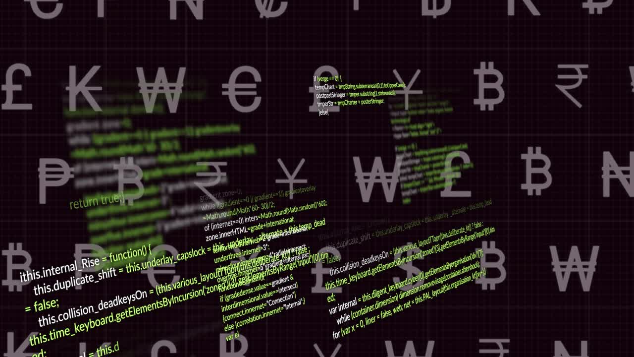 Code snippets sliding in from right clustering over currency grid, visualizing financial data